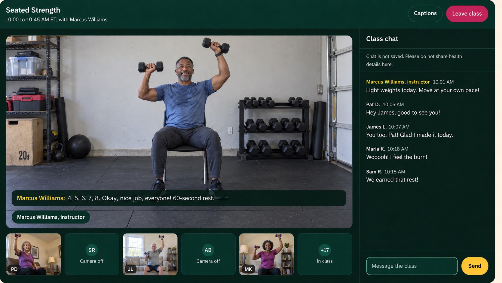 A Seated Strength class in session: the instructor working with light dumbbells from a chair, participants following along in their own homes, several with cameras off.