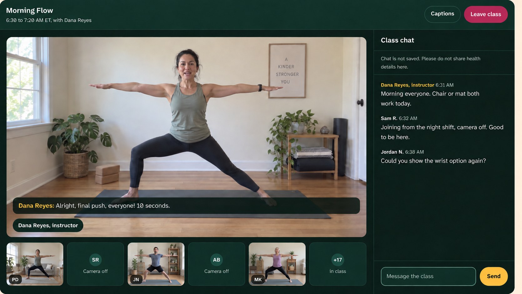 A Wemuster class in session: the instructor on the main stage with live captions, the class chat alongside, and participant tiles below showing who has their camera on and who is joining audio only.